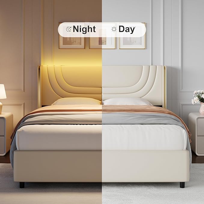 Twin Upholstered Bed Frame with LED Lights, Faux Leather Platform Bed Frame with Silver Wingback Headboard, Modern Style, No Box Spring Needed, Easy Assembly, Cream