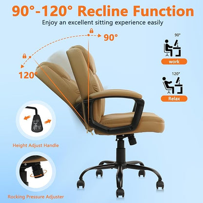CLATINA Brown Office Chair Computer Chairs PU Leather Executive Office Chairs Swivel Adjustable Height Chair with Upholstery Fixed armrest Mid-Back Leather Thick Cushion Office Chair Brown 1Pack