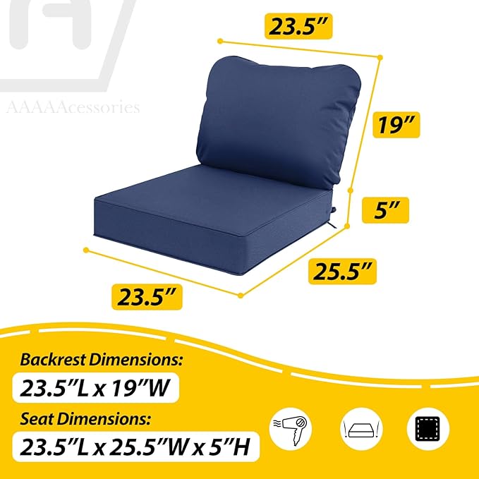 AAAAAcessories Outdoor Deep Seat Cushions, Waterproof, Fade-Resistant Patio Furniture Replacement Cushions, 23.5" x 25.5" x 5" + 23.5" x 19", Navy Blue