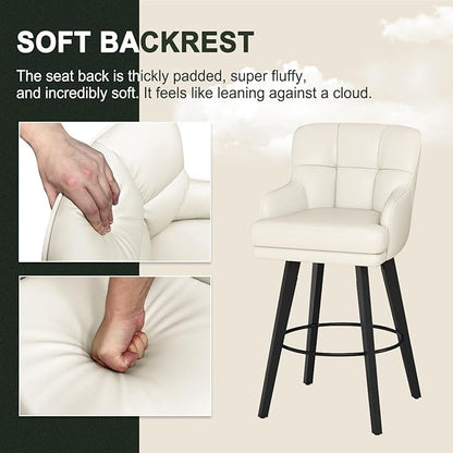 360°Swivel Counter Height Bar Stools with Back, 30 inch Solid Wood Legs, Bar Stool Modern Kitchen Island Chairs, Faux Leather (Beige- Faux Leather, 30" H- Set of 2)