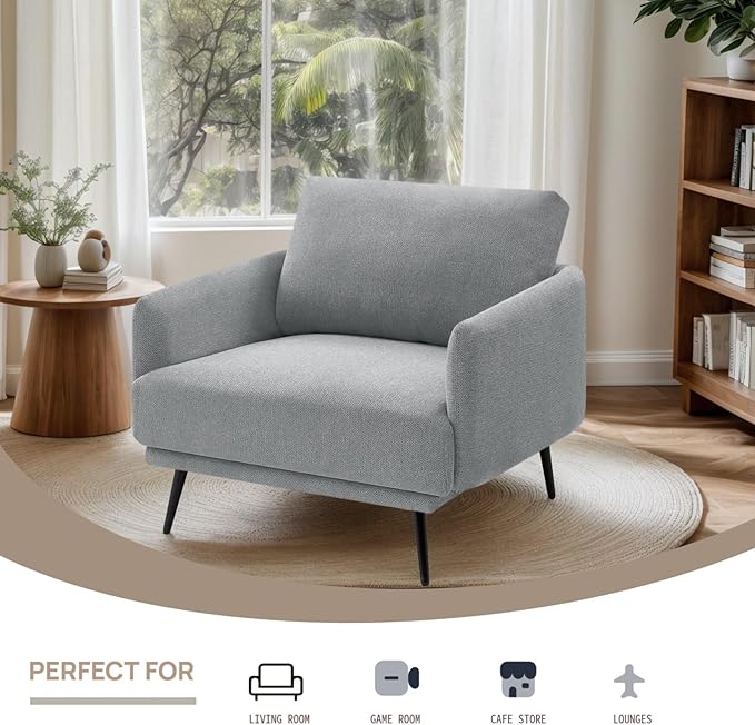Mid-Century Accent Chair,Modern Oversized Armchair for Living Room,Comfy Upholstered Reading Accent Chairs for Bedroom,Single Sofa Chair (Grey-1PACK)