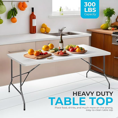 SIMPLI-MAGIC 8ft Portable Plastic Folding Table – Indoor & Outdoor Heavy-Duty Foldable Utility Table w/Handle for Party & Camping (White)