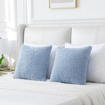 FUTEI Light Blue Throw Pillow Covers 18x18 Inch Set of 2,Furry Faux Fur Teddy Boucle Textured Cushion Covers,Soft Fluffy Decorative Pillow Case,Home Decor for Couch Bed Living Room Office Car