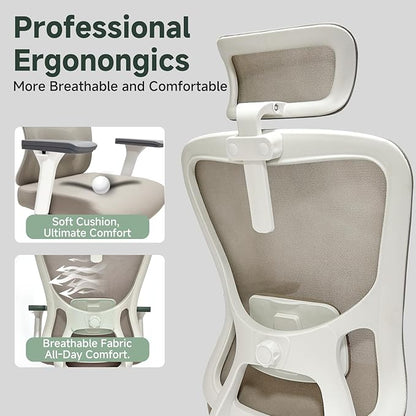 Ergonomic Office Chair - 350LB Mesh Office Chair with Adjustable Lumbar, High Back Computer Chair with 3D Armrests, Comfy Chair with 2D Headrest & Tilt Function for Study, Work, Gaming