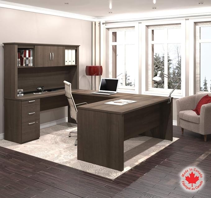 Bestar Logan 66W U or L-Shaped Executive Office Desk with Pedestal and Hutch in Antigua