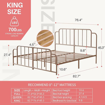 PINJU Metal Platform Bed Frame with Headboard and Footboard, Classic Style, Sturdy Metal Slats, No Box Spring Needed, Easy Installation (Pink, King)