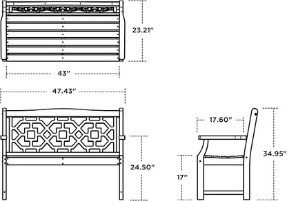 Martha Stewart by POLYWOOD Chinoiserie 48" Outdoor Bench for Patio, Porch & Backyard, Mahogany - Durable All-Weather HDPE Garden Seat with Back Support - Classic 2 Person Seating, Made in The USA