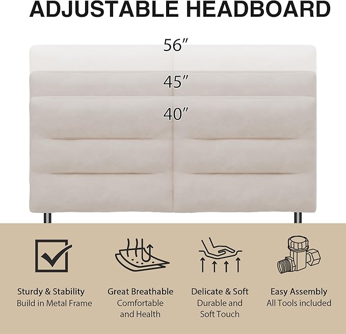 King Size Velvet Headboard Foldable Panels Backboard, Upholstered California King Head Board for Bedroom Adjustable Height from 42" to 56"-Ivory
