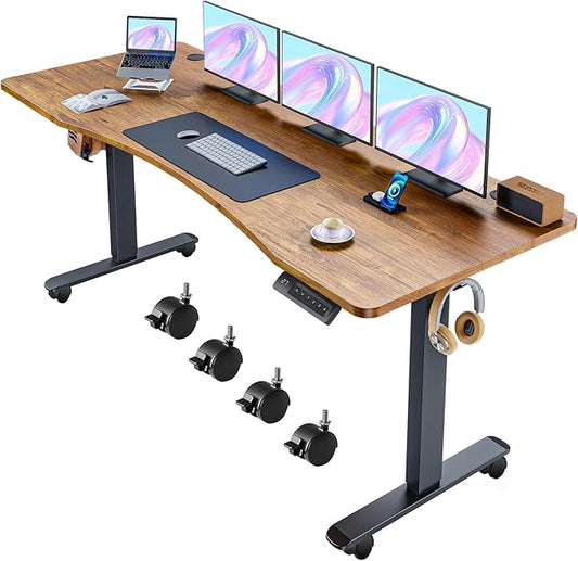 Electric Adjustable Standing Desk with Wheels, 63'' x 24''Sit Stand Desk with Dual Crossbeam and Mouse Pad, 27''-46'' Lifting Range Stand up Table with Ergonomic Arc Desktop (Brown)