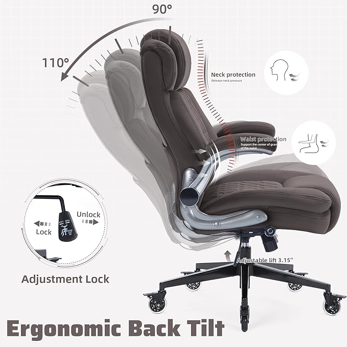 Large High Back Office Chair with Flip Arms- Executive Desk Chair with Locking Wheels, Adjustable Lumbar Support, Ergonomic Breathable Fabric Computer Chair Prevents Cats Scratching