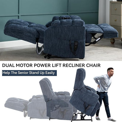 Power Lift Recliner Chair for Elderly, Oversized Chenille Electric Recliners Chairs for Living Room, Dual Motor 180° Lay Flat Recliner Big Sofa with Massage and Heating, Heavy-Duty, Blue