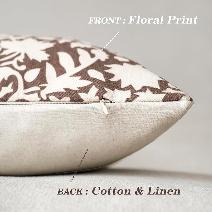 Foindtower Set of 2 Decorative Neutral Floral Throw Pillow Covers Accent Farmhouse Cushion Covers Boho Vintage Pillowcase for Couch Sofa Bedroom Living Room Home Decor,20×20 Inch,Brown