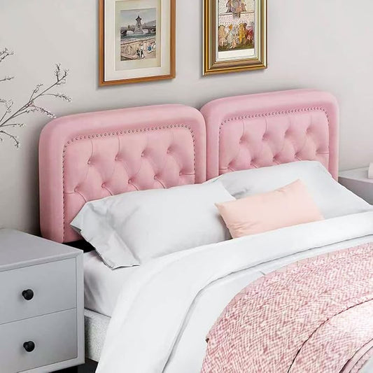 Tufted Upholstered Headboard King Size, Button Adjustable Height King Head Board Only, Sturdy and Durable Solid Wood with Nailhead Trim Headboards, Ideal for Bedroom, Dorm, Guest Room,Pink