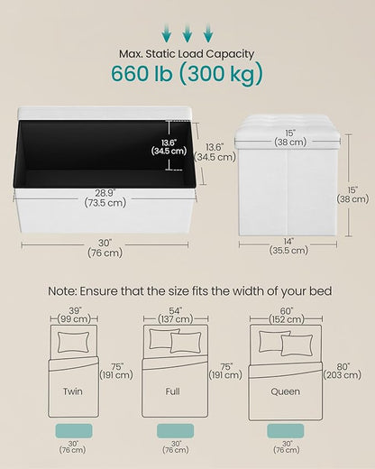 SONGMICS MAZIE Collection - 30 Inches Folding Storage Ottoman Bench, Ottoman with Storage, Foot Rest Stool, Load 660 lb, for Living Room, Synthetic Leather, White ULSF106