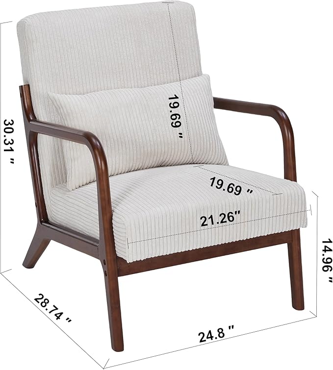 Accent Chairs, Set of 2 Mid-Century Modern Chair with Pillow, Armchair with Solid Wood, Reading Relaxing Leisure Chair for Living Room（White）