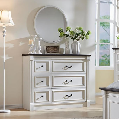 6 Drawers Dresser for Bedroom, Farmhouse 47.8" Wide Dressers & Chests of Drawers w/Roman Column, Wood Rustic Closet Dresser with Two Different Drawer Sizes for Bedroom, Living Room, White