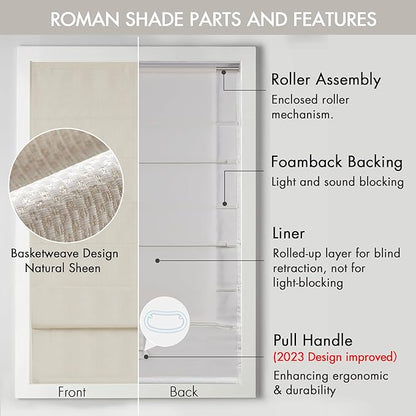 Madison Park Galen Cordless Roman Shade, 34"W x 64"H, Sheen Ivory – Room Darkening, Thermal Insulated, Energy Efficient Window Blind with Subtle Sheen Basketweave Fabric for Privacy