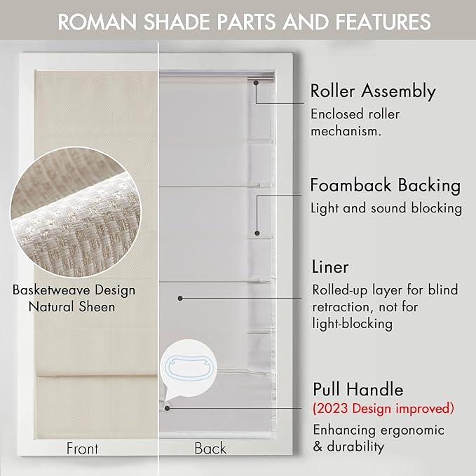 Madison Park Galen Cordless Roman Shade, 33"W x 64"H, Sheen Ivory – Room Darkening, Thermal Insulated, Energy Efficient Window Blind with Subtle Sheen Basketweave Fabric for Privacy