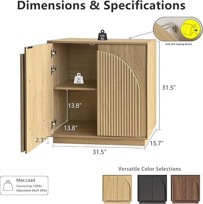 win2win Fluted Sideboard Buffet Cabinet with Storage, 31.5" Modern Boho Accent Cabinet with Double-Layered Arch Doors, Small Wood Console Credenza for Living Room, Dining Room, Entryway, Hallway, Oak