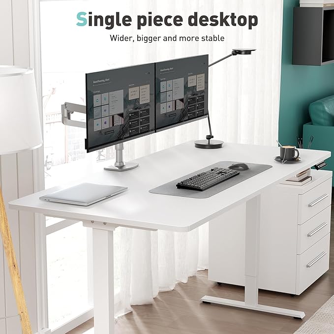 One-Piece Electric Standing Desk, 48 x 24 Inch Adjustable Height Sit to Stand Up Desk for Home Office, Work & Study, White Frame & White Desktop (2 Packages)