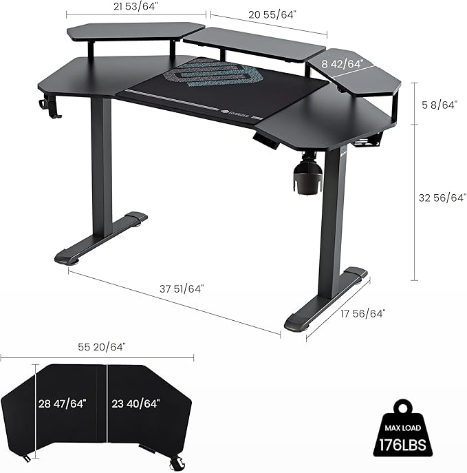 EUREKA ERGONOMIC Aero 55 Inch W Shaped Electric Standing Desk, Height Adjustable Computer Gaming Desk with LED Monitor Shelf, Mouse Pad, Headphone Hook, Cup Holder, Carbon Black