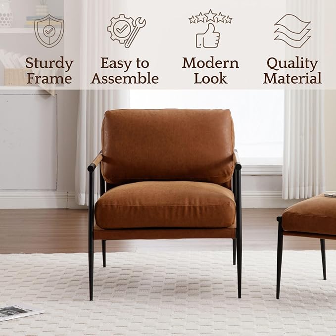 LukeAlon PU Leather Accent Chairs Set of 2, Ultra Soft Lounge Chairs with Metal Legs Modern Armchairs Upholstered Mid-Century Comfy Leisure Chair for Bedroom Living Room Reception Area, Brown