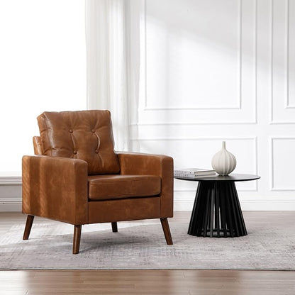 PU Accent Arm Chair with Tufted Back, Faux Leather Comfy Upholstered Single Sofa, Mid Century Modern Side Club Chair with Wood Legs for Reading/Living Room/Bedroom, Caramel