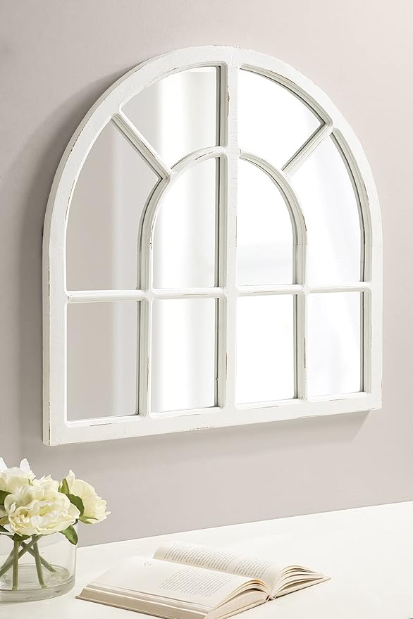 Kate and Laurel Boldmere Modern Farmhouse Wide Windowpane Arched Mirror; 30 x 29; White; Decorative Vintage Inspired Window Mirror for Farmhouse Wall Decor