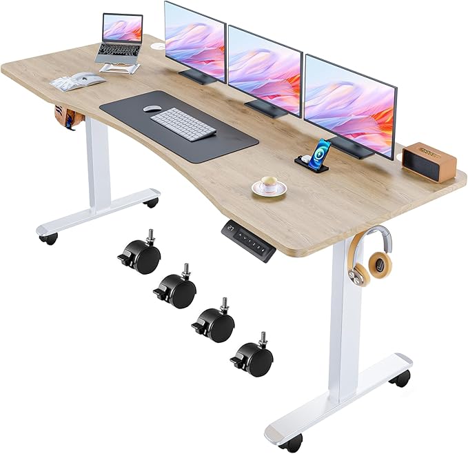 Electric Adjustable Standing Desk with Wheels, 63'' x 24''Sit Stand Desk with Dual Crossbeam and Mouse Pad, 27''-46'' Lifting Range Computer Table with Ergonomic Arc Desktop (Oak Arc)