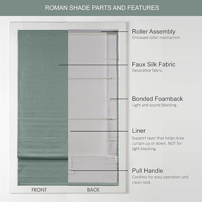 Madison Park Cordless Roman Shades Faux Silk Shade with Sheen 1-Panel Privacy, Room Darkening, Energy Efficient, Thermal Insulated Window Blind for Bedroom, Living Room Décor, 39"W x 64"L Como, Green
