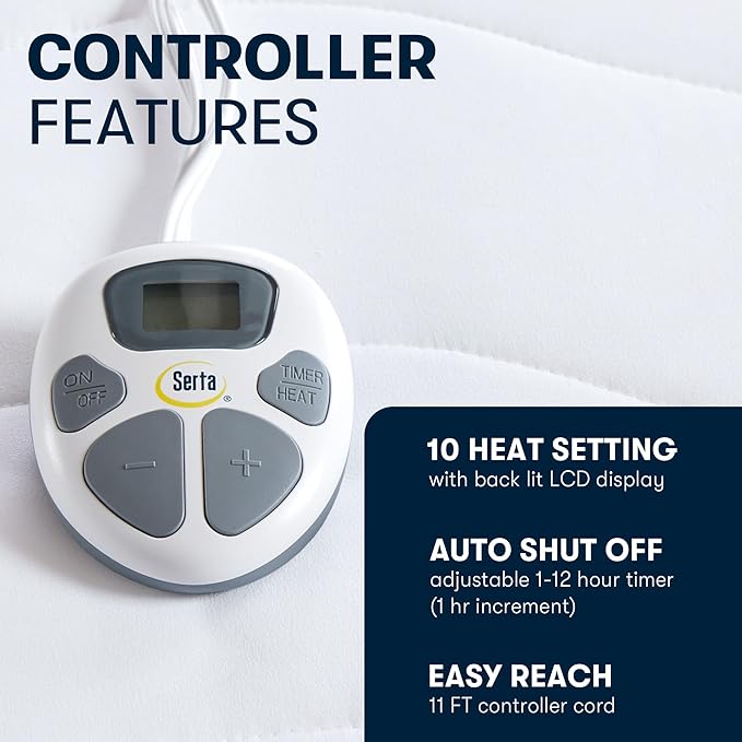 Serta Heated Mattress Pad Twin Size - Electric Mattress Pad, 10 Heat Setting Controller, Auto Shut Off Timer, Deep Elastic Pocket, Up to 17" Mattress, ETL Certified, Machine Wash, Twin, White