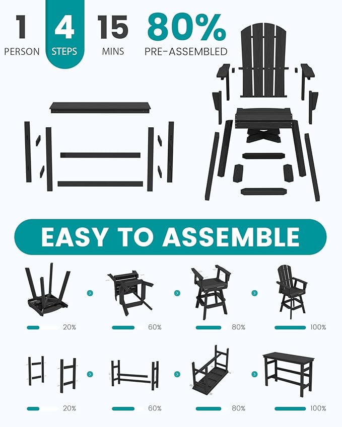SERWALL 3-Piece Swivel Adirondack Bar Set, HDPE Swivel Bar Height Chairs Set of 2 with Bar Table, All-Weather Outdoor Barstools for Patio, Poolside, Garden, Black
