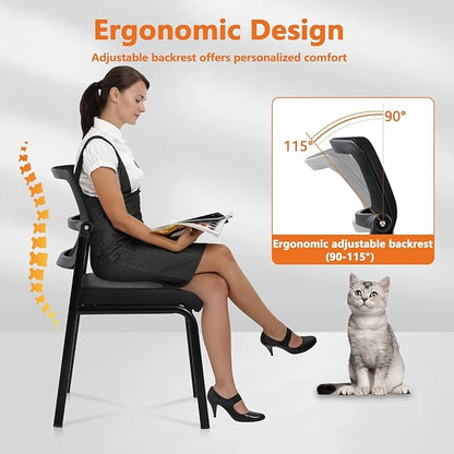 CLATINA Stacking Waiting Room Chairs, Adjustable Mesh Backrest Armless Office Guest Reception Chair with Ergonomic Lumbar Support and Leather Cushion for Conference Lobby Side School Classroom,4PK