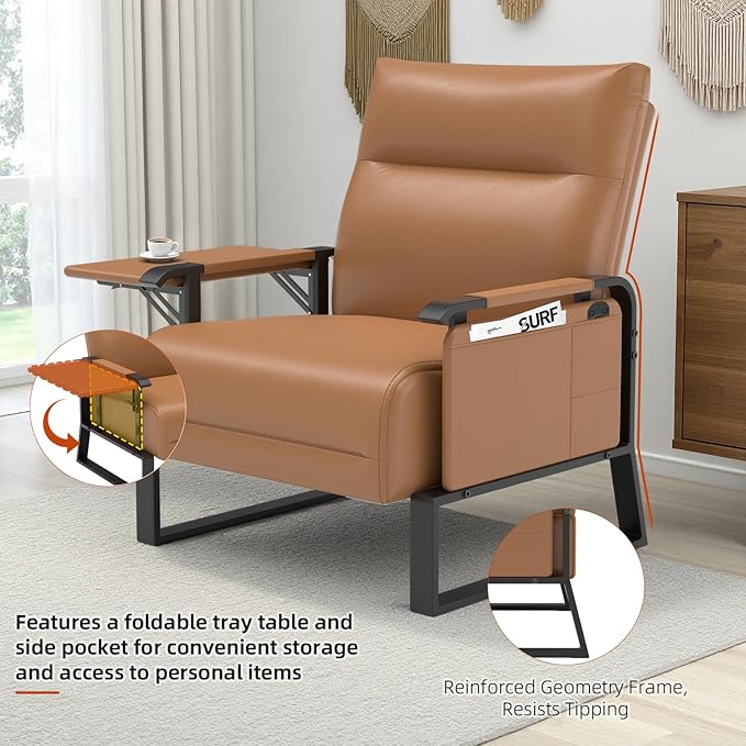Upholstered Accent Chairs Set of 2, Modern Faux Leather Sofa Chairs with Foldable Side Tray Table & Storage Pocket, Small Accent Sofas for Living Room, Bedroom, Brown