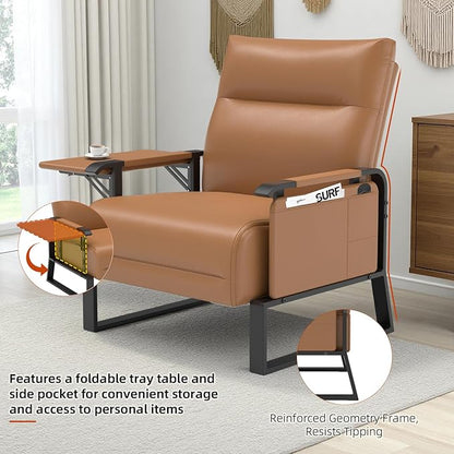 Upholstered Accent Chairs Set of 2, Modern Faux Leather Sofa Chairs with Foldable Side Tray Table & Storage Pocket, Small Accent Sofas for Living Room, Bedroom, Brown