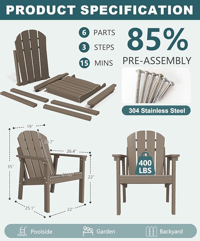 Adirondack Chair, All Weather HDPE Fire Pit Chairs, Oversized Plastic Adirondack Chair for Outdoor, Balcony, Deck, Backyard, Patio, Garden, Poolside, Lawn Brown
