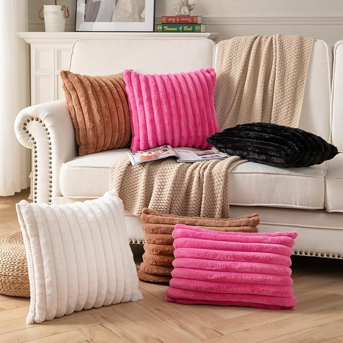 DEELAND Pack of 2,Double-Sided Faux Fur Plush Decorative Throw Pillow Covers Fuzzy Striped Soft Pillowcase Cushion Covers for Sofa Couch Bedroom Brown 16x16 inch