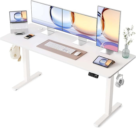 YIHAYO Electric Standing Desk, 63 x 24 Inches Stand Up Desk with Splice Board, Computer Table for Home Office, White Frame/White Top
