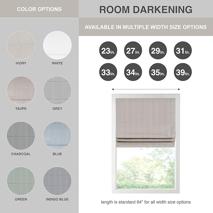 Madison Park Galen Cordless Roman Shade, 39"W x 64"H, Sheen Taupe – Room Darkening, Thermal Insulated, Energy Efficient Window Blind with Subtle Sheen Basketweave Fabric for Privacy