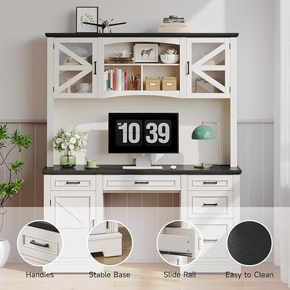 ONBRILL 72" H Farmhouse Executive Desk with Hutch, Office Desk, Computer Desks with Charging Station, Computer Workstations with 5 Drawers and Storage Cabinet for Home, Office, Off White & Black