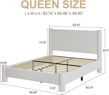 Queen Size Bed Frame, Boucle Upholstered Platform Bed with Headboard and Footboard, Soft Rounded Corners, No Box Spring Required, Easy Assembly, White