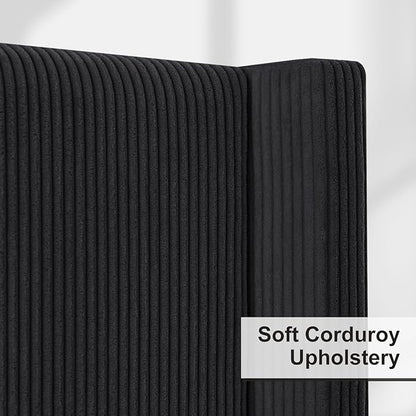 HOWE King Size 61" Corduroy Upholstered Bed Frame, Platform Bed with Vertical Stripe Wingback Headboard, No Box Spring Needed/Noise Free/Solid Wood Slats & Legs/Black