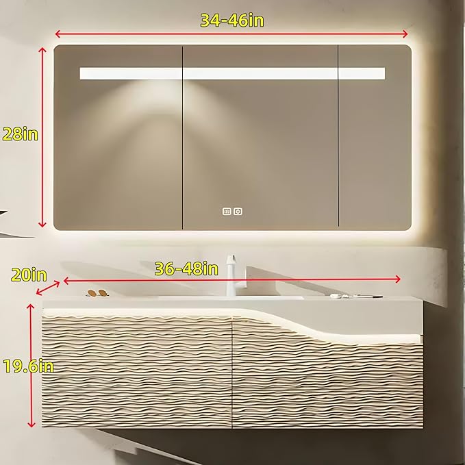 40in Elegant Modern Luxury Bathroom Vanity with Sink - Wall Mounted Solid Wood Cabinet & Smart LED Defogging Mirror | Single Sink Bathroom Cabinets