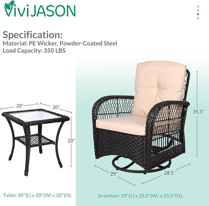 VIVIJASON 3-Piece Outdoor Conversation Bistro Set, Patio Swivel Glider Rocking Chairs Rattan Furniture Sets w/ 2 Rattan Chairs, Cushions, Glass Top Side Table for Porch Backyard, Dark Brown