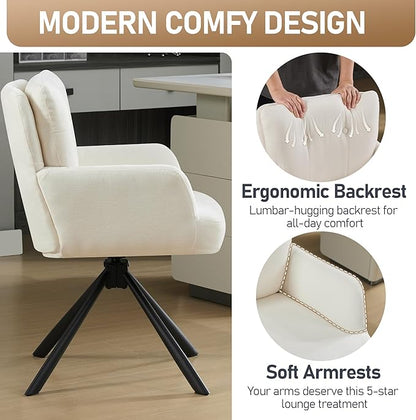 Fabric Dining Chair Modern Upholstered Swivel Dining Room Chairs Comfy Accent Armchair with Mid Back, Desk Arm Chair No Wheels for Kitchen/Living Room/Dining Room, White