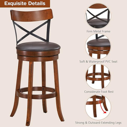 COSTWAY Bar Stool Set of 2, 360-Degree Swivel Solid Wood Stools with Soft Cushion & Backrest, 29.5”Height Kitchen Counter Bar Stools for Kitchen Island, Pub, and Restaurant (2, 29in)