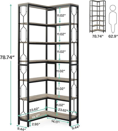 Tribesigns Corner Shelf, 7-Tier Industrial Corner Bookshelf, Wood and Metal Corner Etagere Bookcase, Freestanding Display Shelf for Living Room, Kitchen, Home Office, Gray