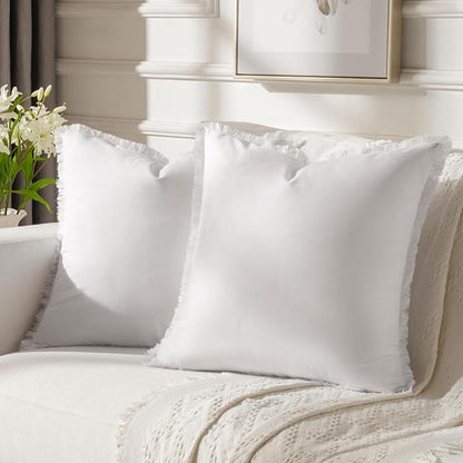 FUTEI Cream White Velvet Decorative Throw Pillow Covers 24x24 Set of 2,Soft Cozy Edge with Tassels European Cushion Case,Boho Modern Home Decor for Couch Bed Living Room