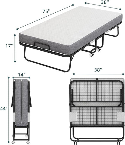 Folding Bed with Mattress, 75''x38'' Twin Size Rollaway Bed with Upgraded Rugged Frame, Guest Portable Foldable for Adults, Space-Saving Fold up