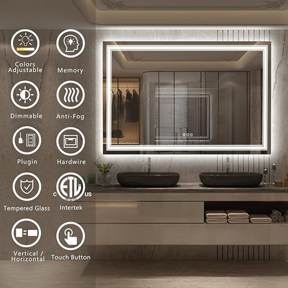 66x40 LED Bathroom Mirror, Lighted Mirror for Bathroom Wall, Backlit and Front lit, Dimmable, Anti-Fog, Shatterpoof, Memory (Horizontal/Vertical)